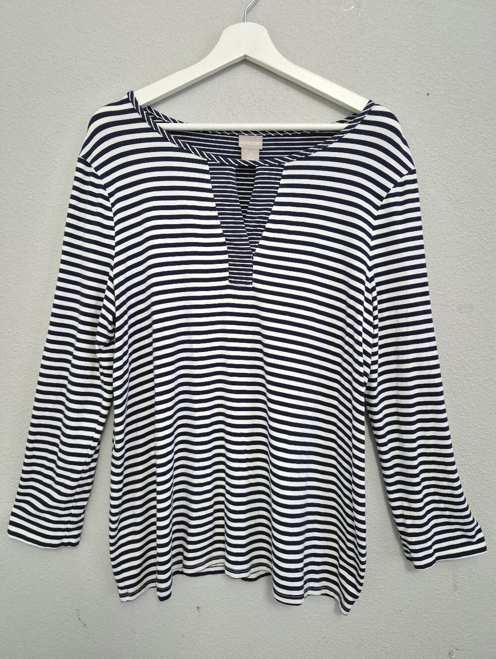 Chico's Navy Stripe Roll Tab Sleeves Knit Tunic Top Size 2 Large